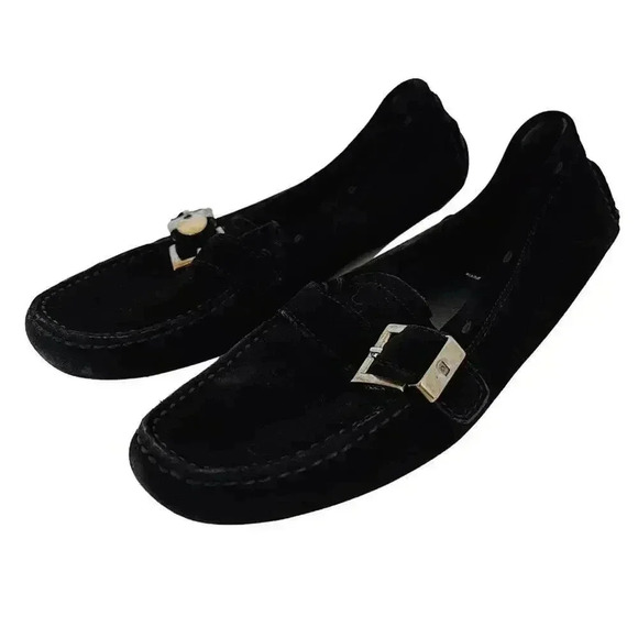 Prada Vintage Black Suede Loafers With Silver Buckle...